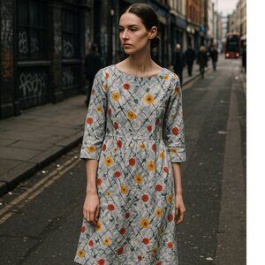 Toast Grey Abstract Floral Midi Day Dress